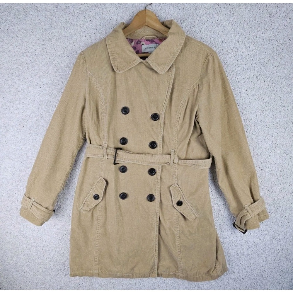 Vintage Merona Beige Corduroy Pea Coat Size Large Belted Trench Boho Hippie Y2K
